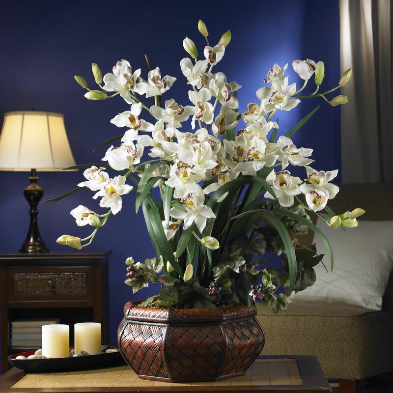 Nearly Natural Large Cymbidium Orchid Centerpiece In Planter And Reviews Wayfair 